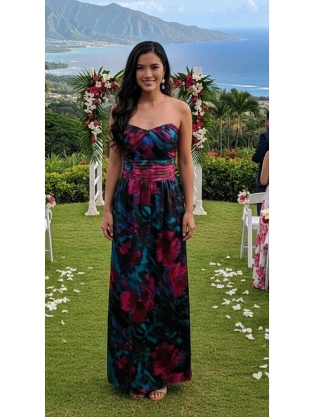 Sheila Yen Dusk Formal Maxi Dress 100% Silk Strapless Magenta Pink Multicolor